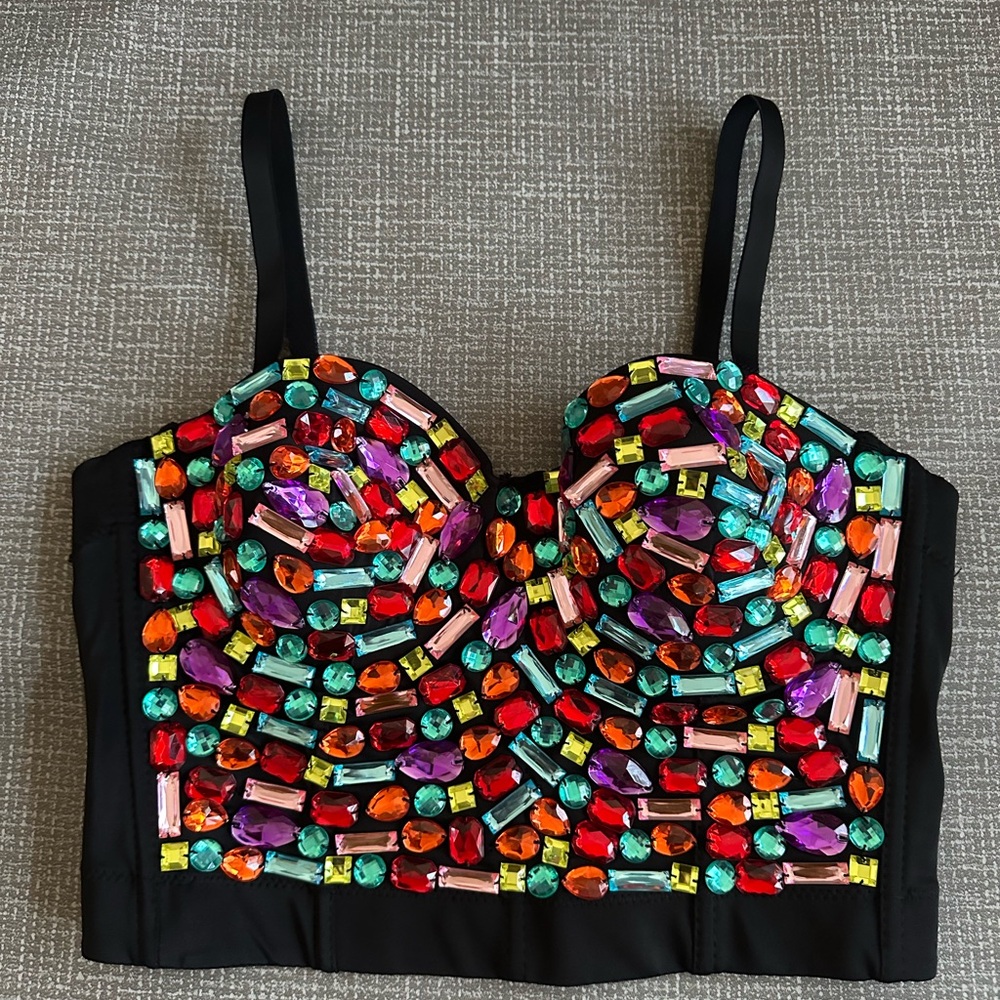Gemstone Beaded Bustier Crop Top Corset Katy Perry  Festival Club wear size M - Picture 3 of 14